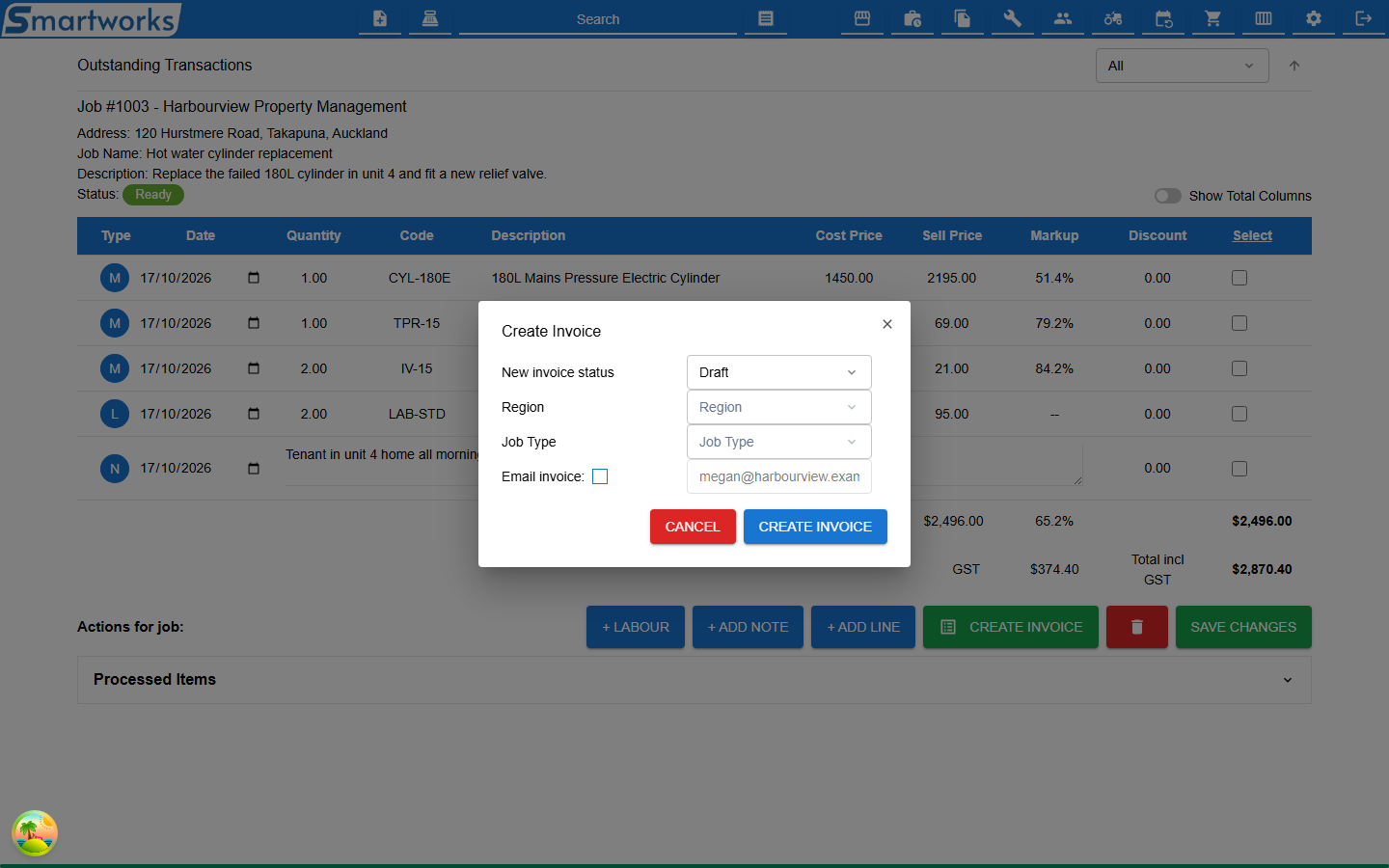 The Create Invoice dialog with the new invoice status, tracking categories and email options