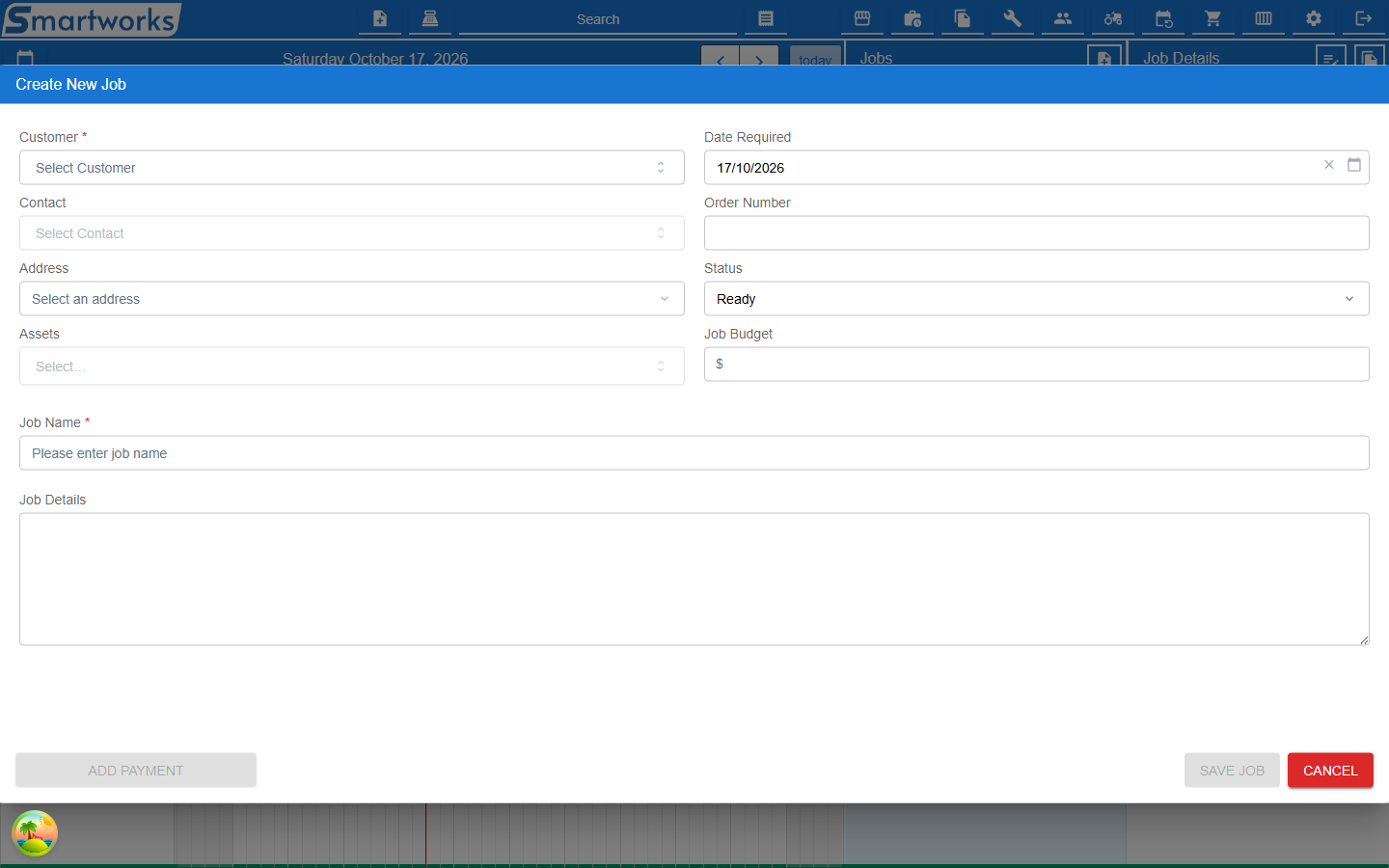 The new job form open over the Scheduler, with Customer, Contact, Address, Date Required and Status fields above Job Name and Job Details