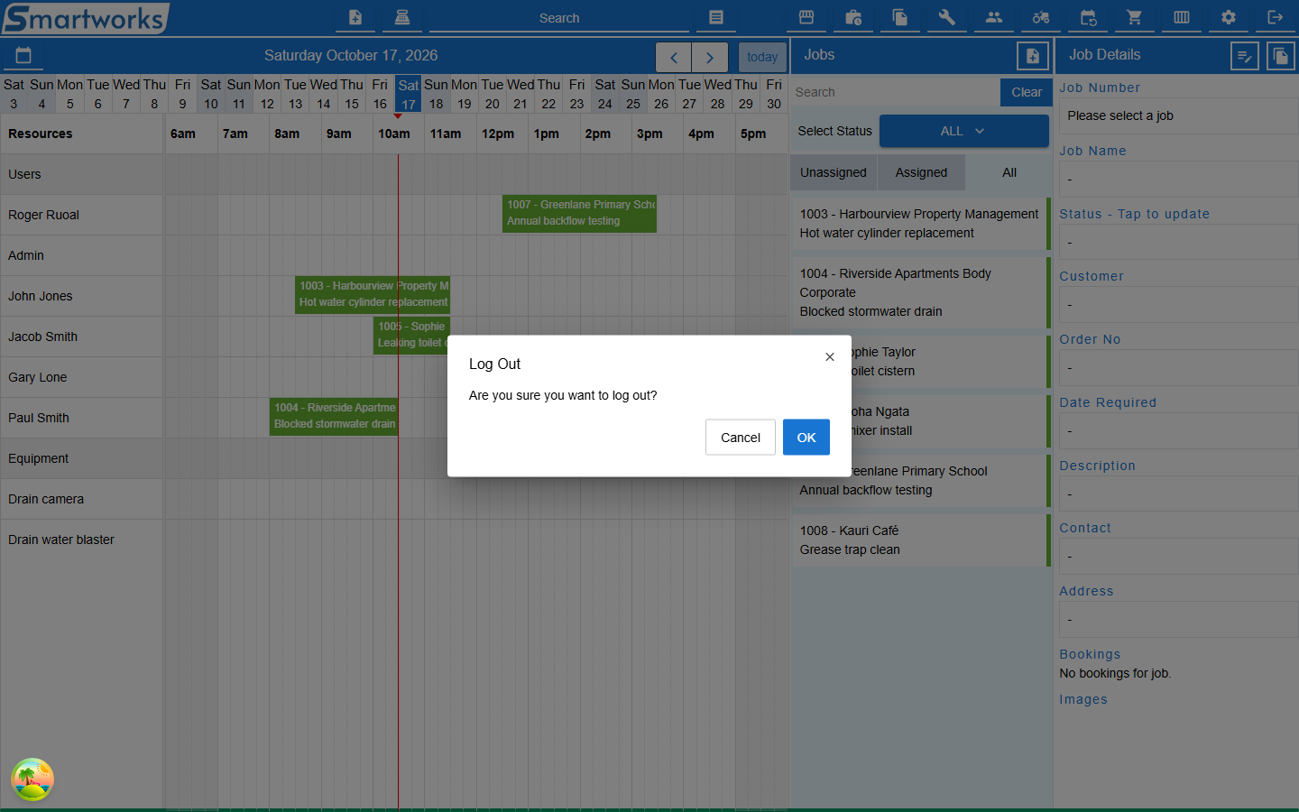 The Log Out dialog asking whether you are sure you want to log out, over the Scheduler