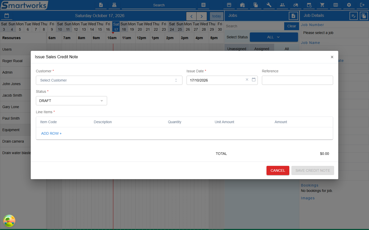 The Issue Sales Credit Note dialog with Customer, Issue Date, Reference, Status and an empty line items table