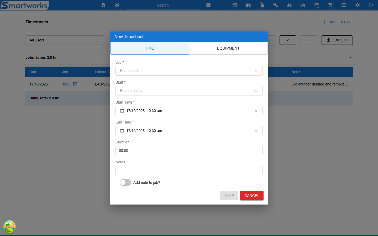 The New Timesheet dialog with Time and Equipment options, job, staff, start and end time fields
