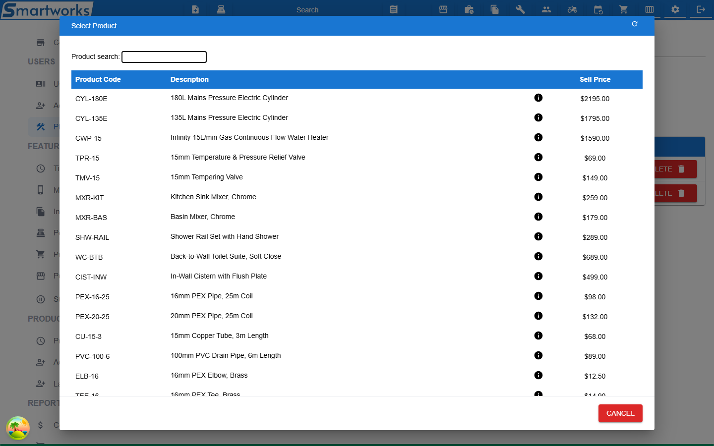 The Select Product dialog, listing products by Product Code, Description and Sell Price, with a product search box