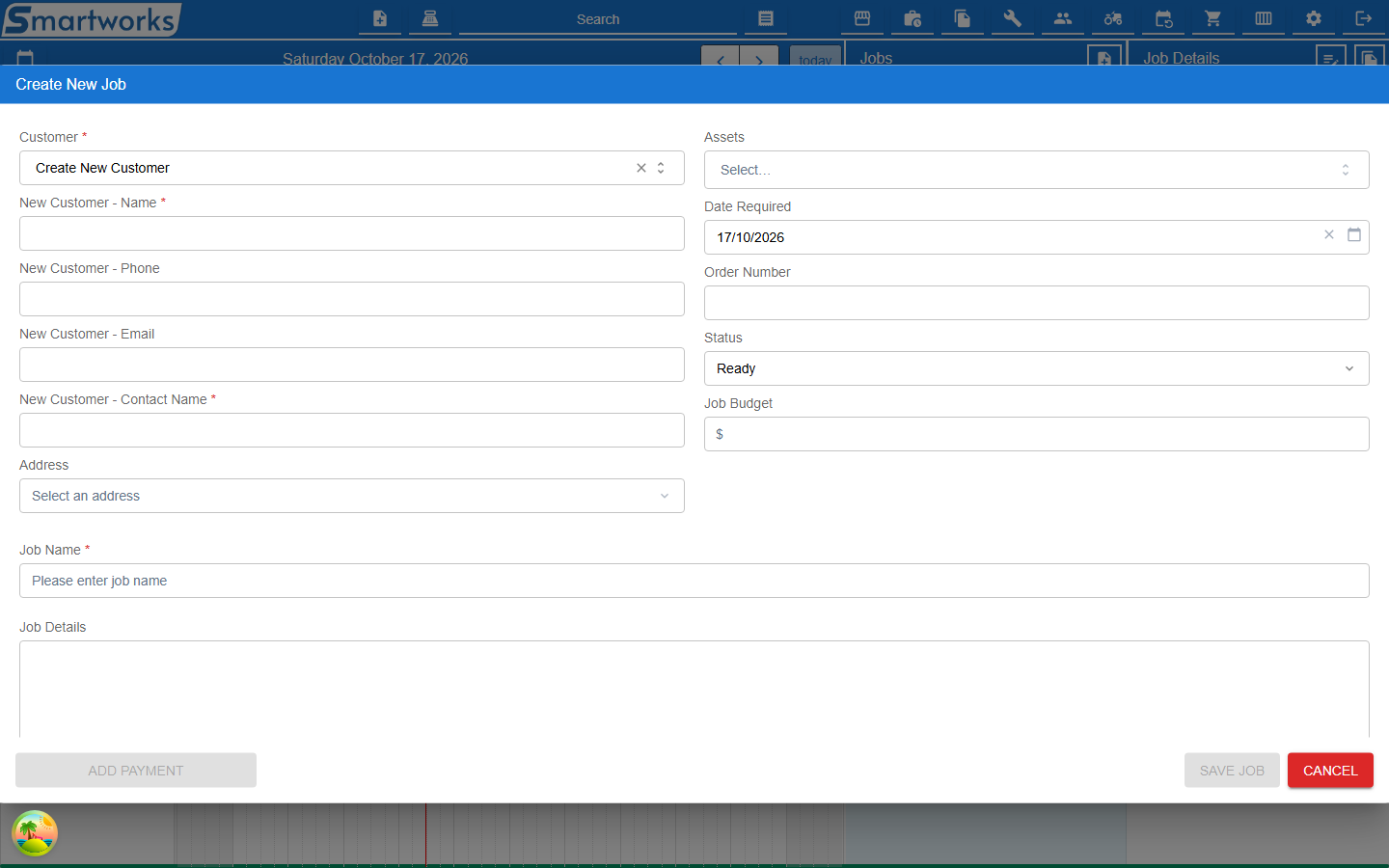 The job form with Create New Customer chosen, showing New Customer - Name, Phone, Email and Contact Name boxes