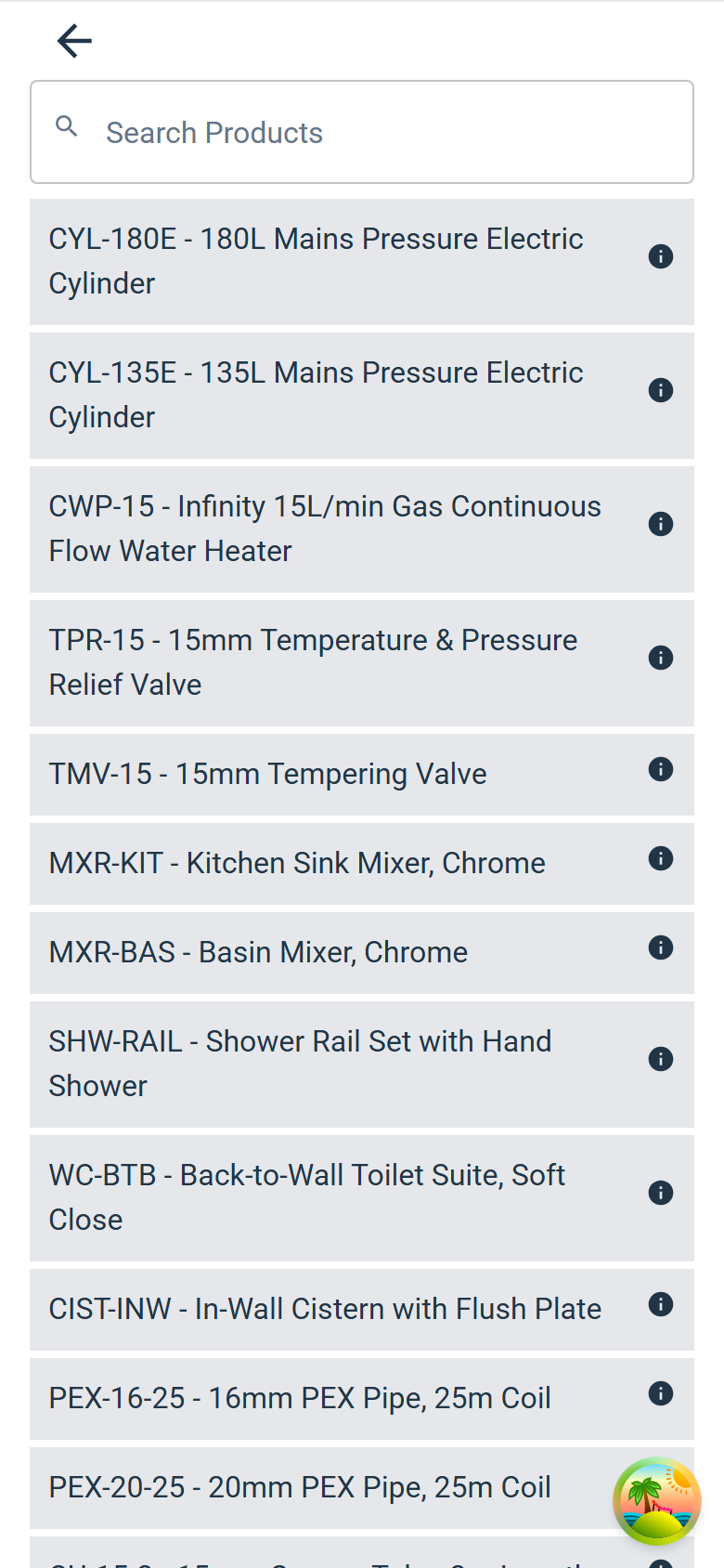 The Select Product list open from Add Parts, with product group buttons and Search Products