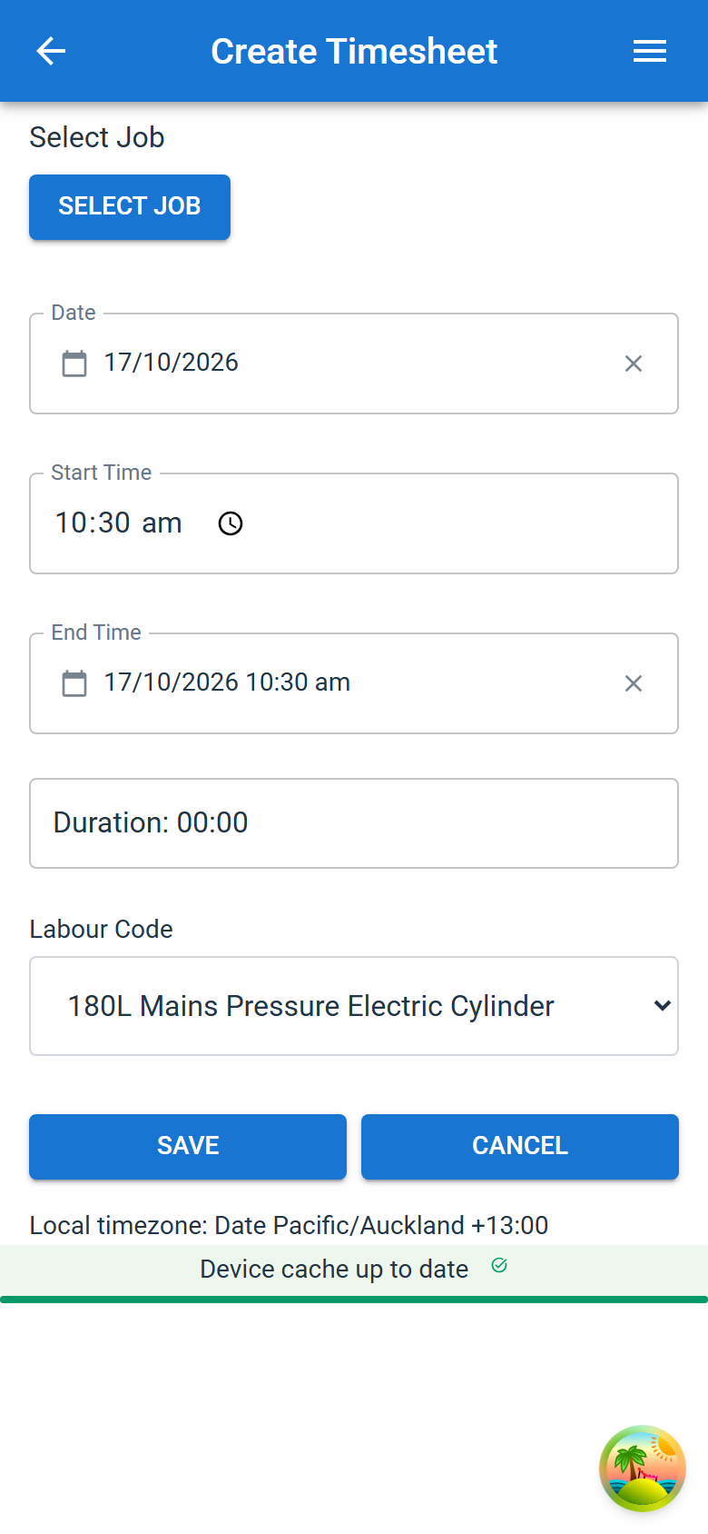 Create Timesheet, with Select Job, the date and time fields, the duration and the labour code