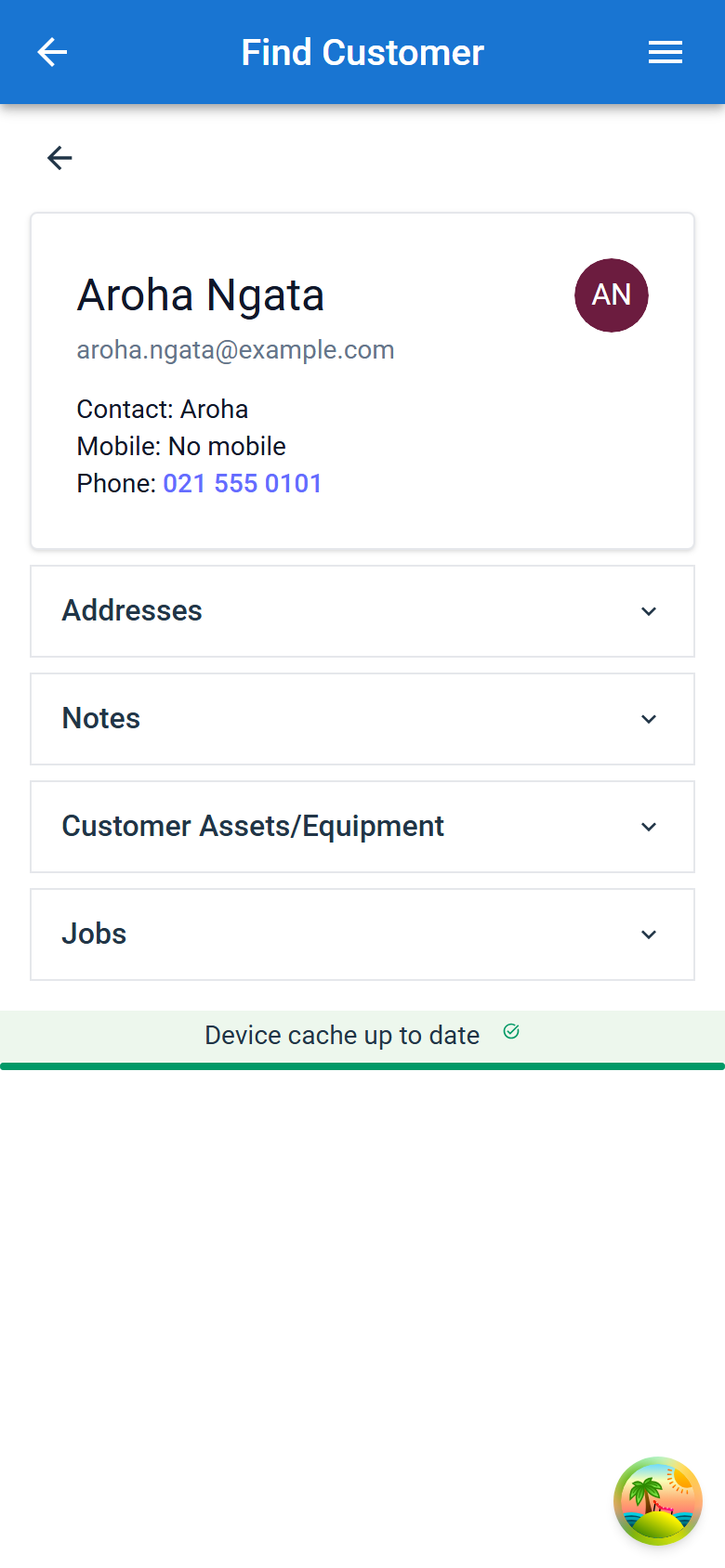 A customer's screen, with their name, email and phone numbers above the Addresses, Notes, Customer Assets/Equipment and Jobs sections