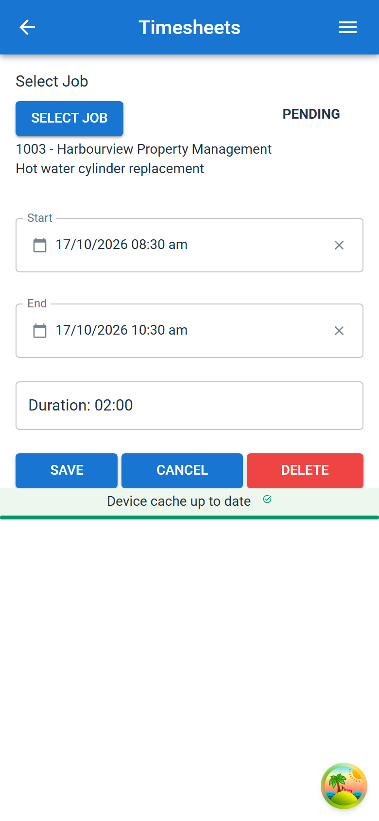 A pending timesheet entry open for editing, with Start, End, Duration and the SAVE, CANCEL and DELETE buttons