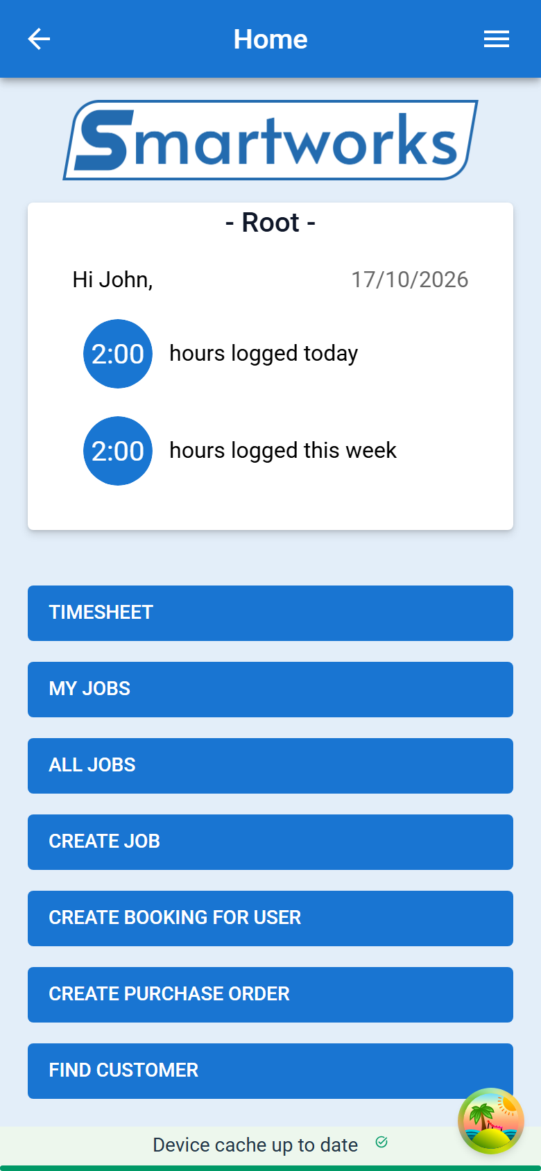 The Mobile home screen, with the greeting card, the next job and the column of blue buttons