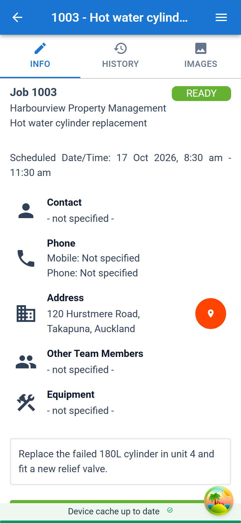 A job open on the INFO tab, with the job details, the status button and Start Work and Stop Work