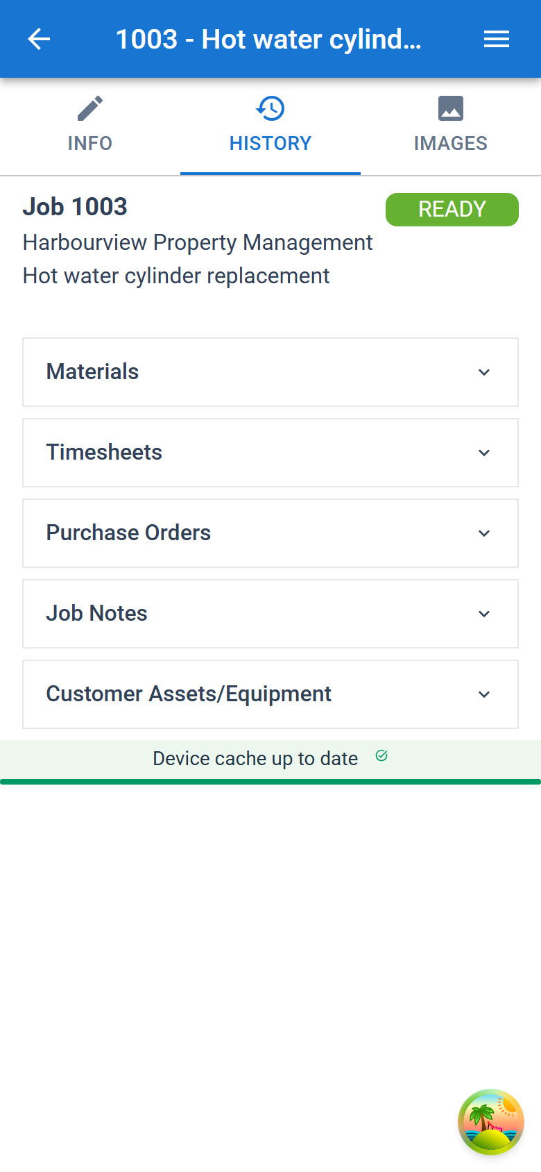 The HISTORY tab, with the Materials, Timesheets, Purchase Orders and Job Notes sections closed