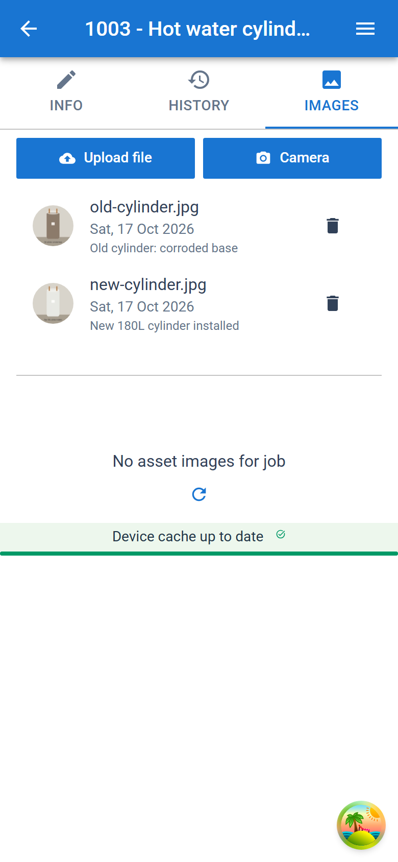 The IMAGES tab, with the Upload file and Camera buttons above the job's images