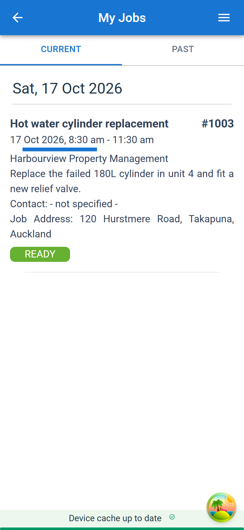My Jobs on a phone, listing the day's bookings with job number, job name, times and customer