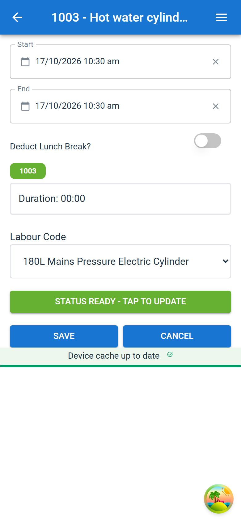 The stop-work screen, with Start, End, Deduct Lunch Break?, the duration and Labour Code