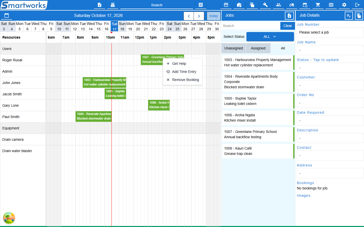 A booking on the calendar with its menu open, showing Get Help, Add Time Entry and Remove Booking
