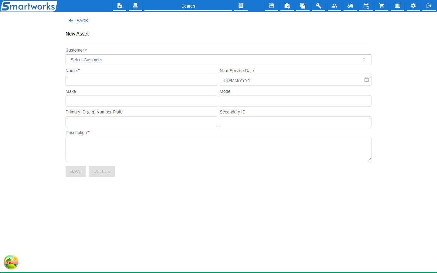 The New Asset form with Customer, Name, Next Service Date, Make, Model, IDs and Description