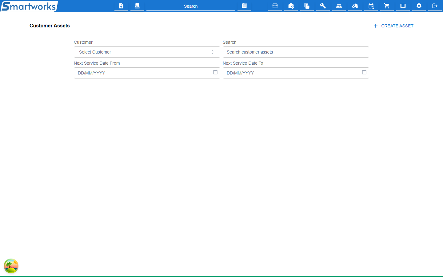 The Customer Assets list with search filters above a table of assets and their next service dates