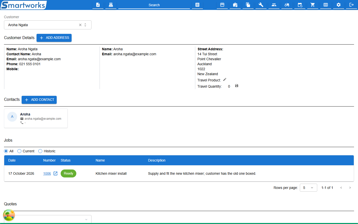 A customer selected on the Customers screen, with Customer Details, Contacts and Jobs sections