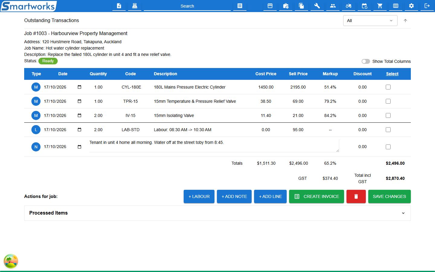 Outstanding Transactions, with a job's details above its table of time and material lines