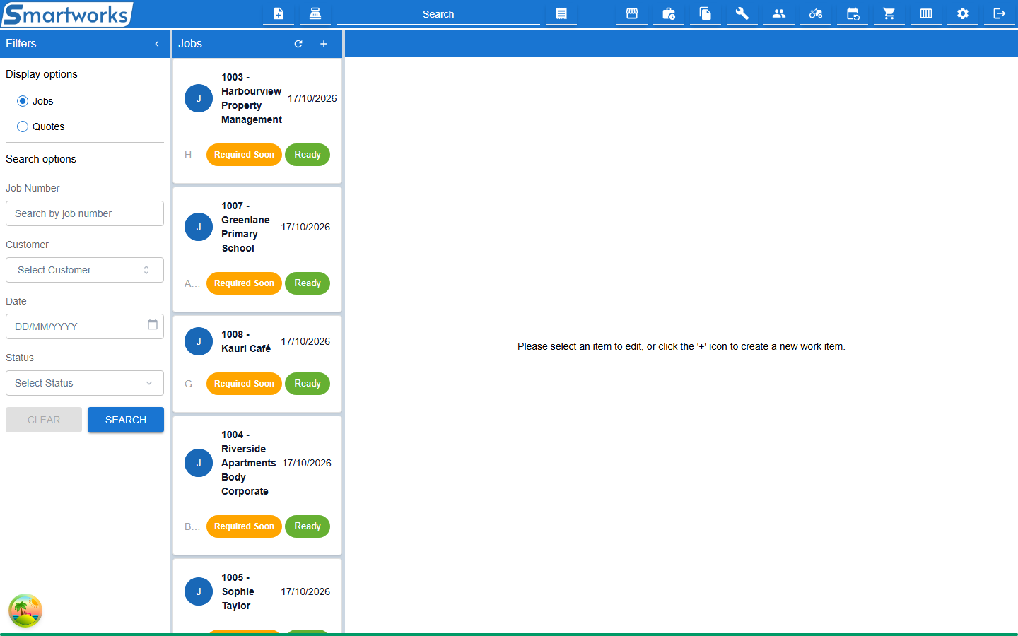Jobs and Quotes with the Filters panel, a list of job cards and the editing area