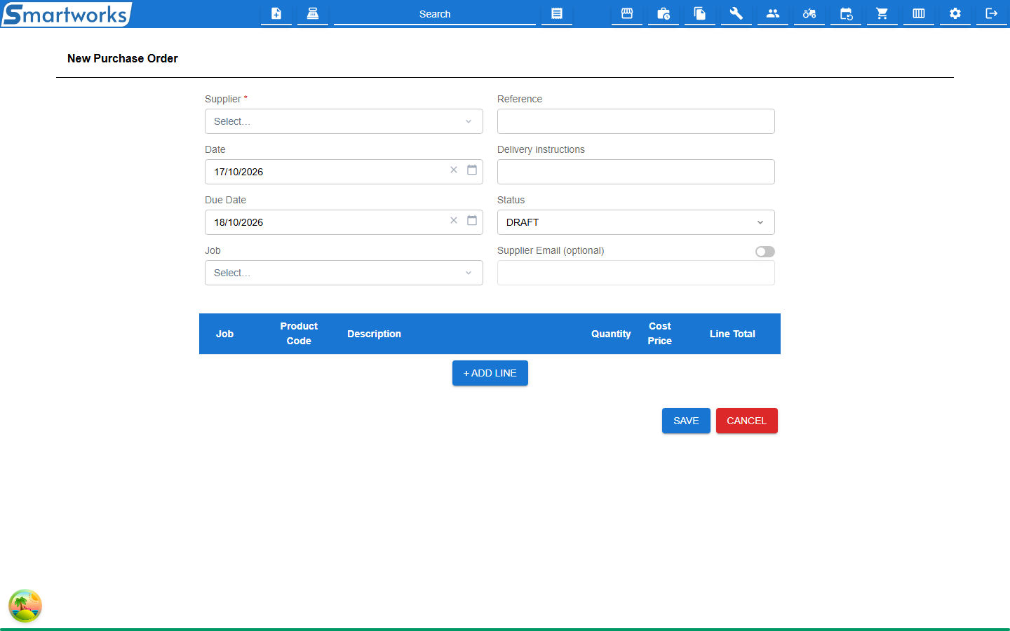 The New Purchase Order form with supplier, dates, job, reference, status and an empty lines table