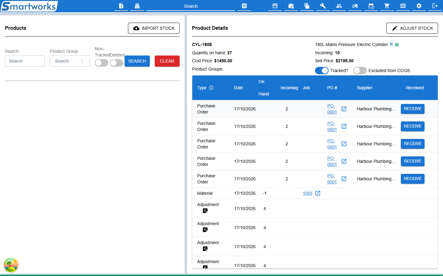 Product Details for a tracked product, with its prices, switches and stock list