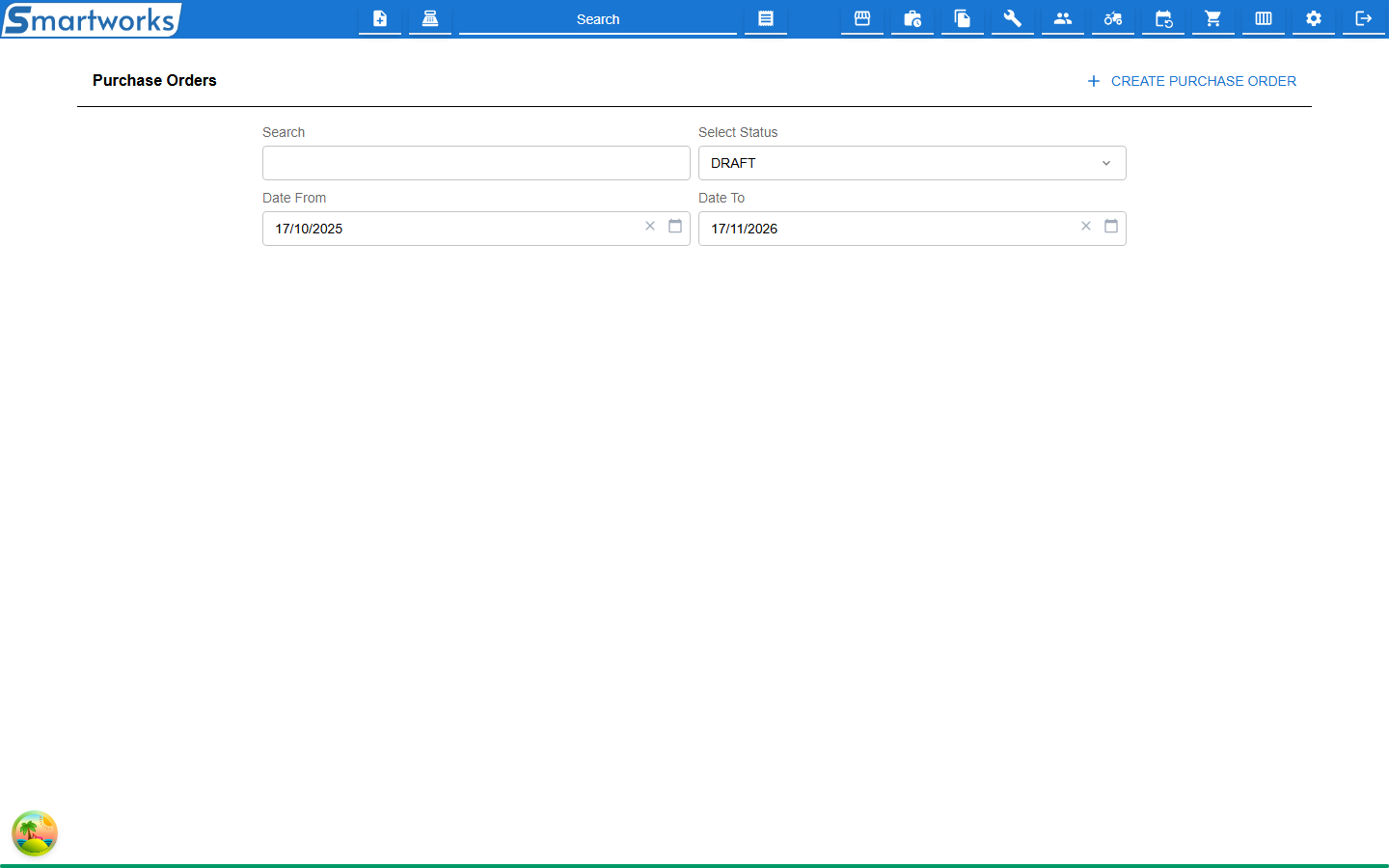The Purchase Orders screen with search and status filters above a list of orders