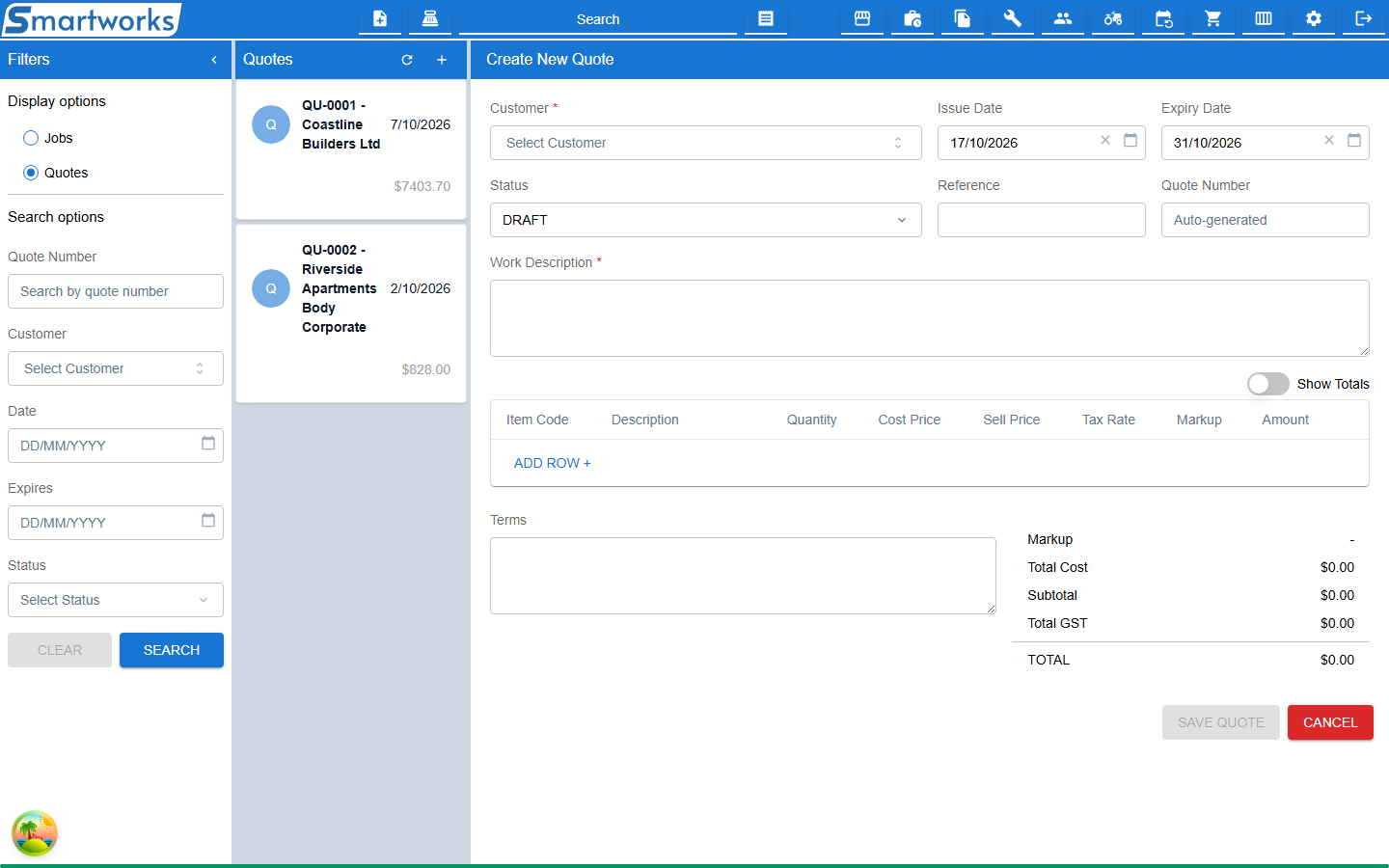 A new quote with Customer, Issue Date, Expiry Date, Status, Work Description and a line items table