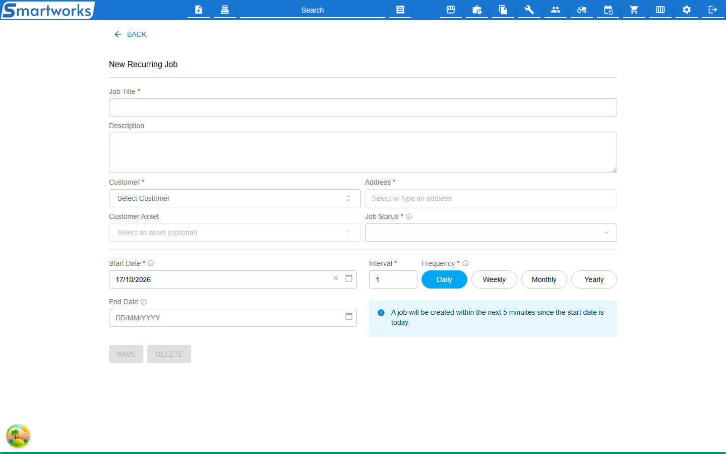 The New Recurring Job form with customer, job, start date, interval and frequency fields