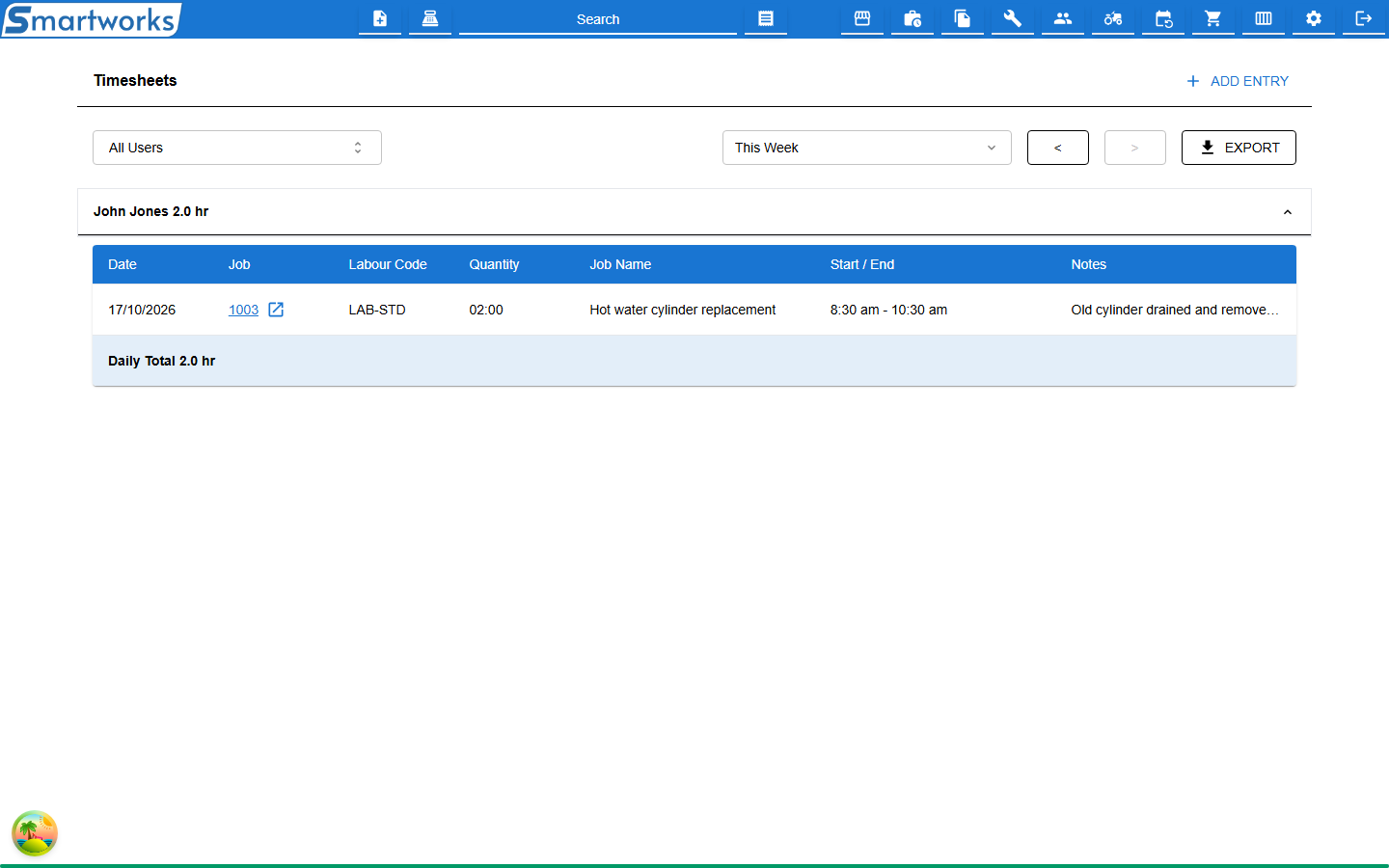 The Timesheets screen with a team member's entries listed by day and a total for each day