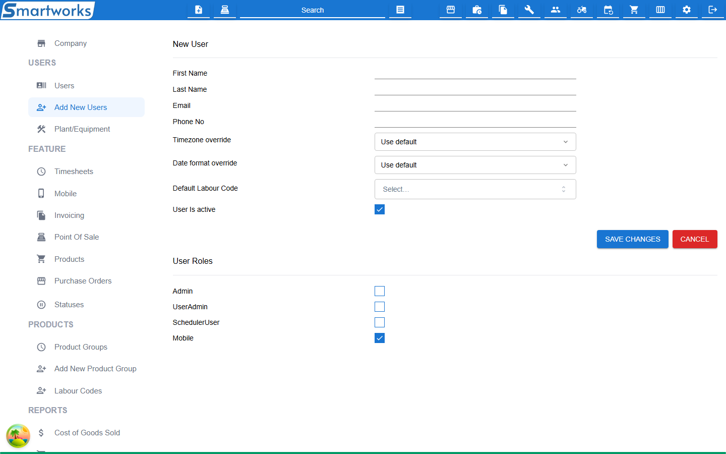 The New User form, with empty name, email and phone fields and the Mobile role ticked under User Roles