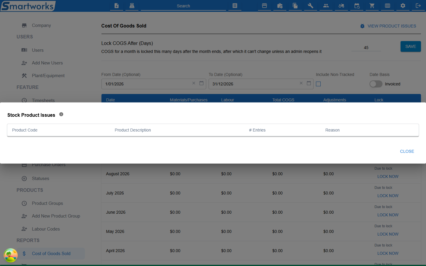 The Stock Product Issues dialog, listing products with their code, description, number of entries and the reason
