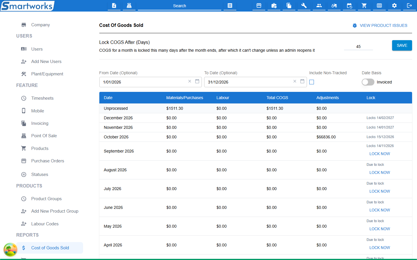The Cost Of Goods Sold page, with date filters above a table of months and their totals, and the breakdown below