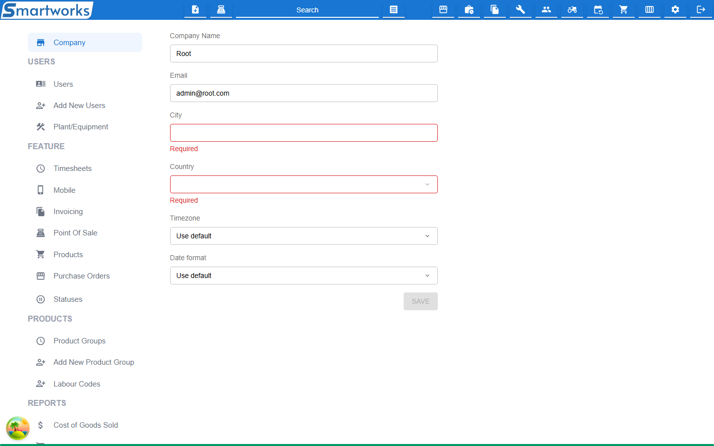 The Company settings page, with Company Name, Email, City, Country, Timezone and Date format fields and a Save button