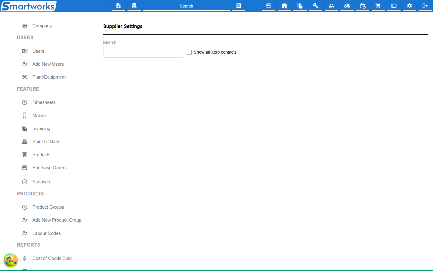The Supplier Settings page, with a Search box and the Show all Xero contacts checkbox above a table of suppliers