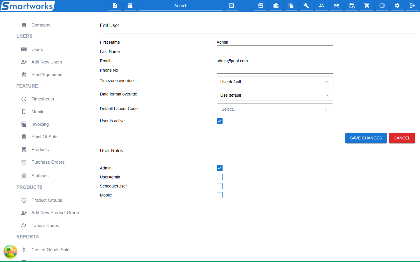 The Edit User page, with the user's details on the left and the User Roles checkboxes on the right