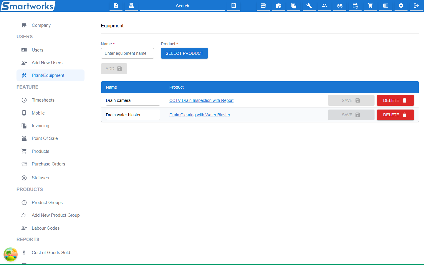 The Equipment page, with Name and Product fields and an Add button above a table of equipment