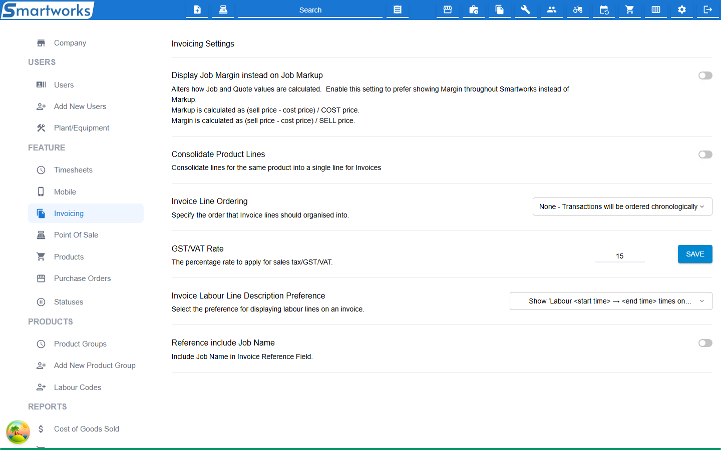 The Invoicing Settings page, with the tax rate box, switches and the line ordering and labour line lists