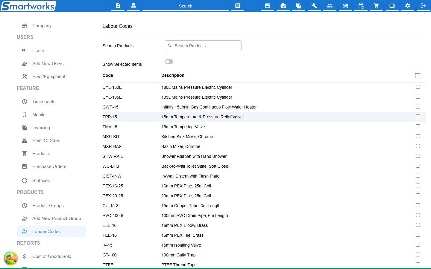 The Labour Codes page, with a product search, the Show Selected Items switch and a table of products to tick