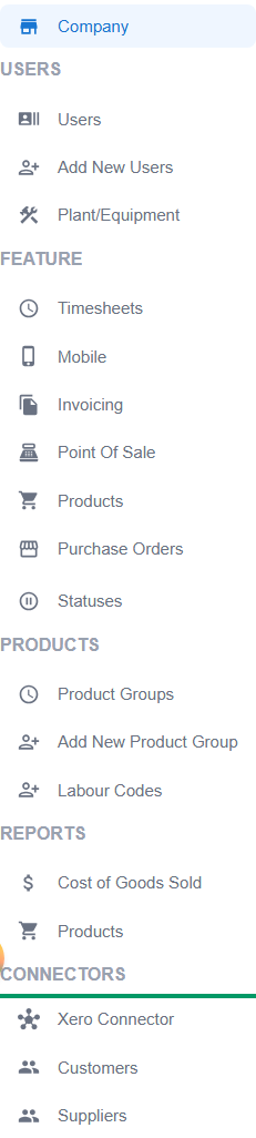 The Settings menu, with Company at the top and the Users, Feature, Products, Reports and Connectors groups below