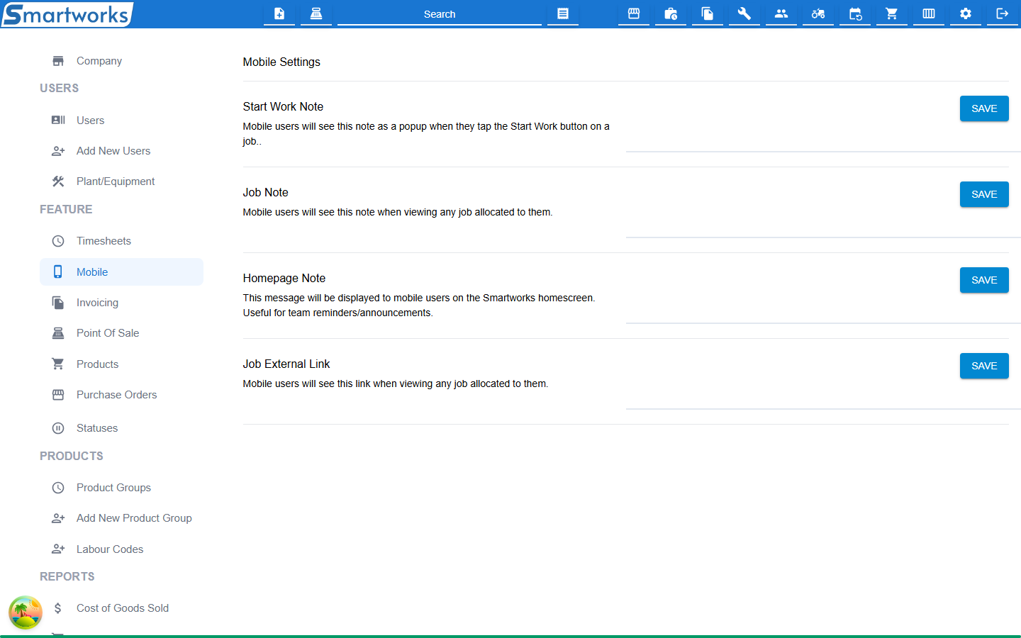 The Mobile Settings page, with a text box and Save button for each note and link