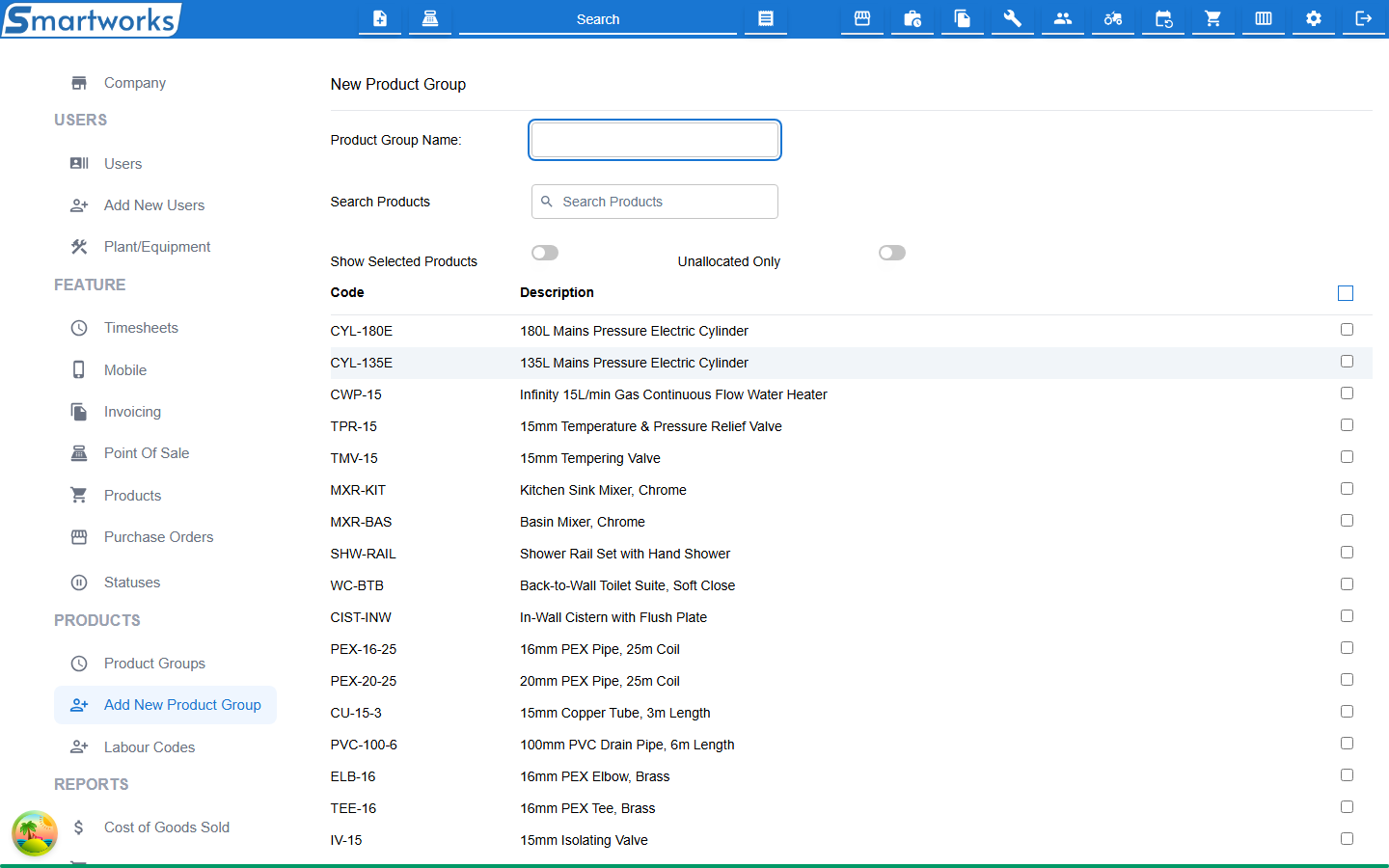 The New Product Group page, with the group name, a product search and a table of products to tick