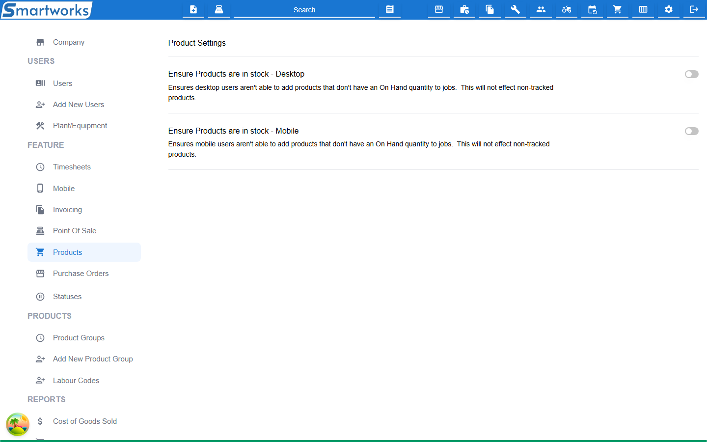 The Product Settings page, with switches for Ensure Products are in stock on Mobile and on Desktop