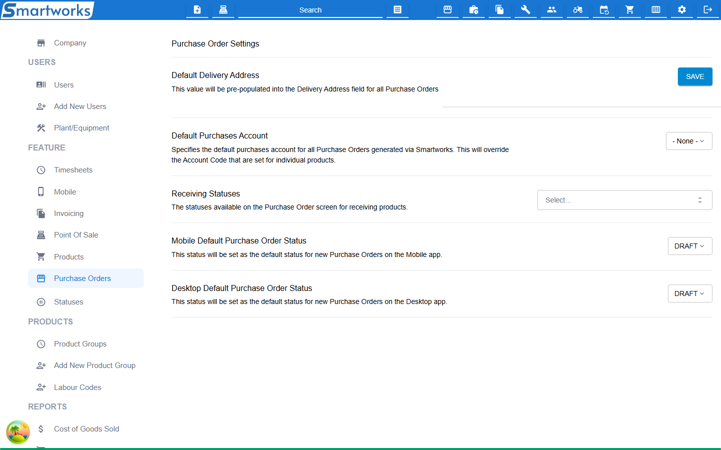 The Purchase Order Settings page, with the delivery address box, the purchases account list and the status lists