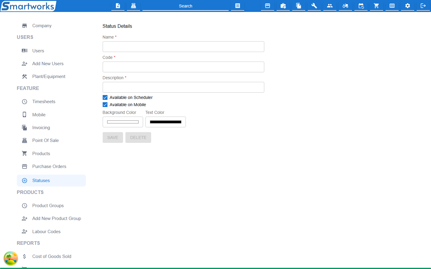 The Status Details form, with Name, Code and Description fields, Scheduler and Mobile checkboxes and two colour pickers