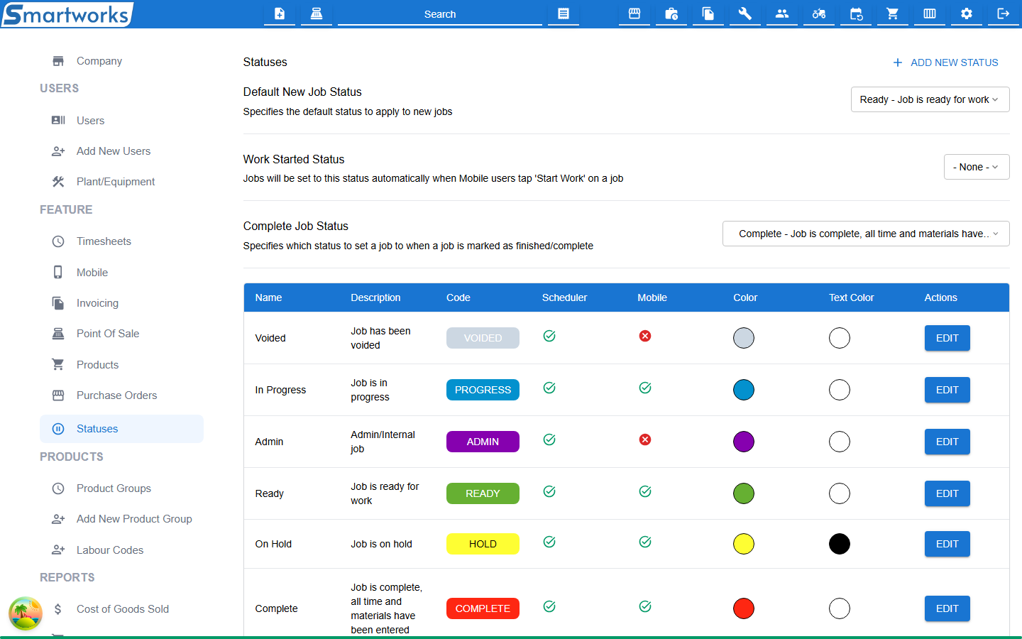 The Statuses page, with the three status settings above a table of statuses showing each one's code in its colours