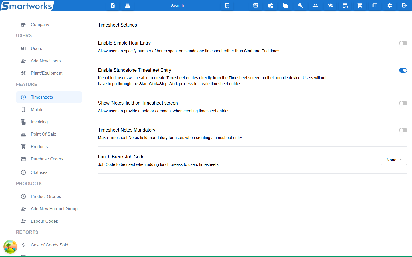 The Timesheet Settings page, with a switch beside each setting and a job list for Lunch Break Job Code