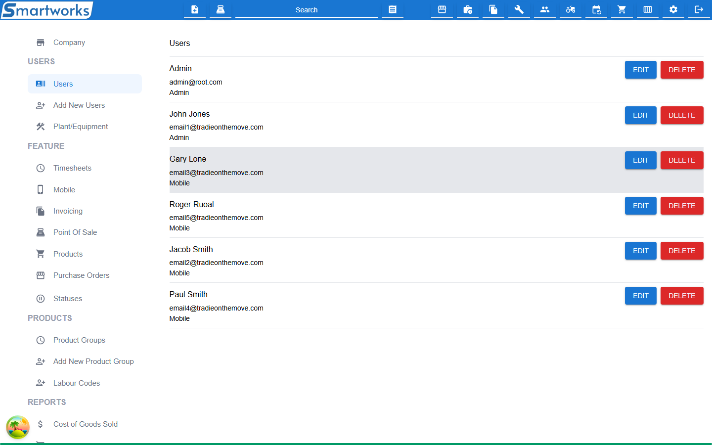 The Users page, listing each user's name, email and roles with Edit and Delete buttons