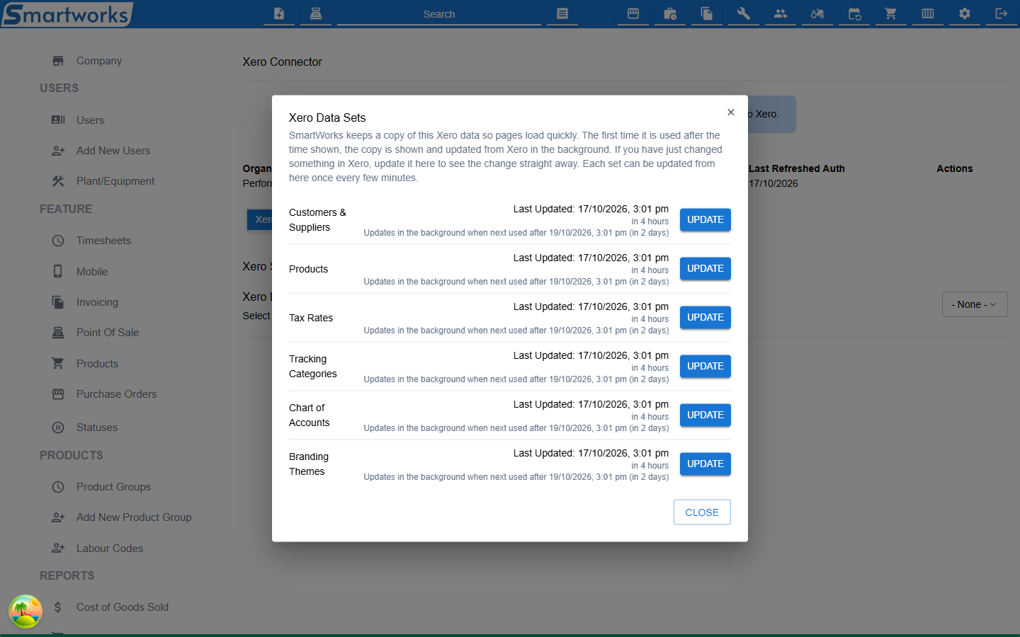 The Xero Data Sets dialog, listing each data set with when it was last updated and an Update button