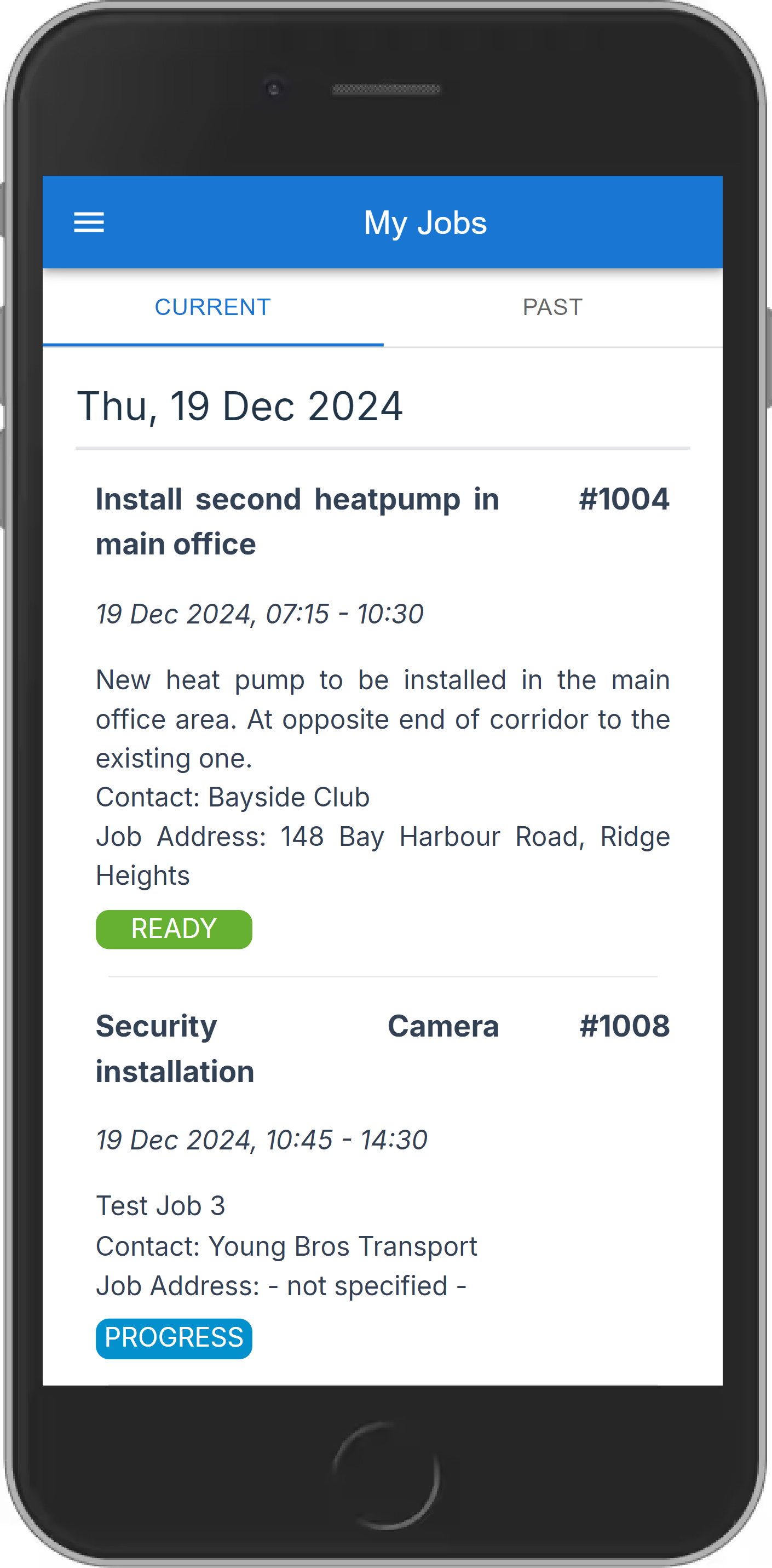 The Smartworks mobile app showing today's jobs