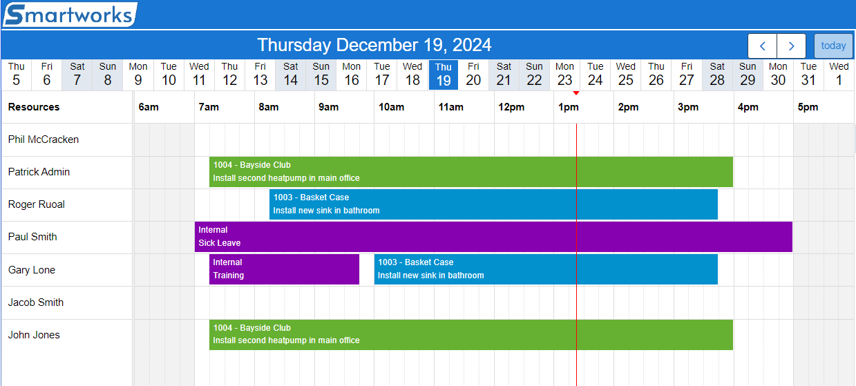 The Smartworks Scheduler calendar with jobs booked to team members